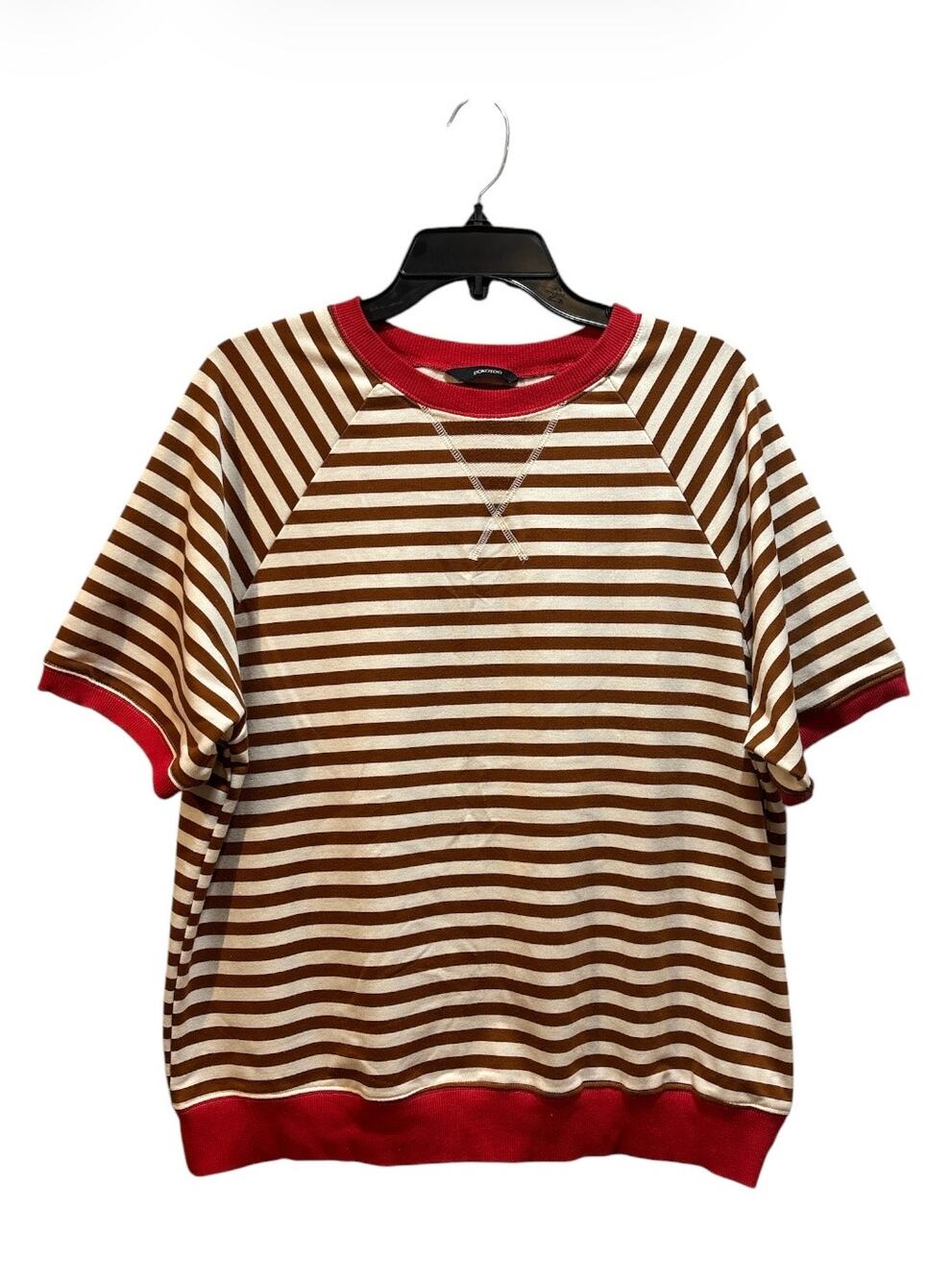 Dokotoo women size medium brown and white striped short sleeve shirt red trim